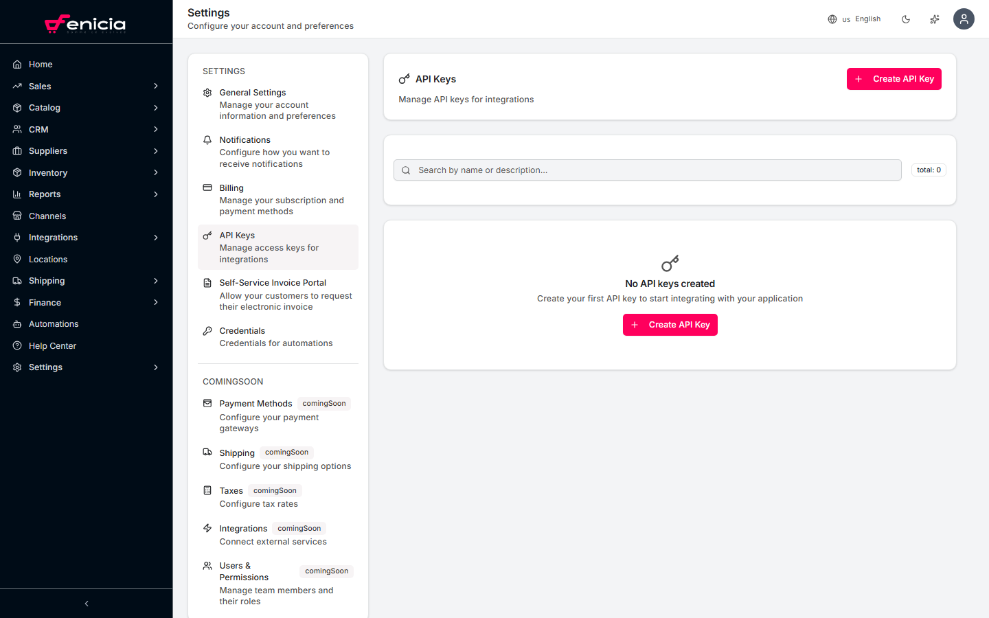 API Keys section under Settings, with the Create API key button in the top-right corner