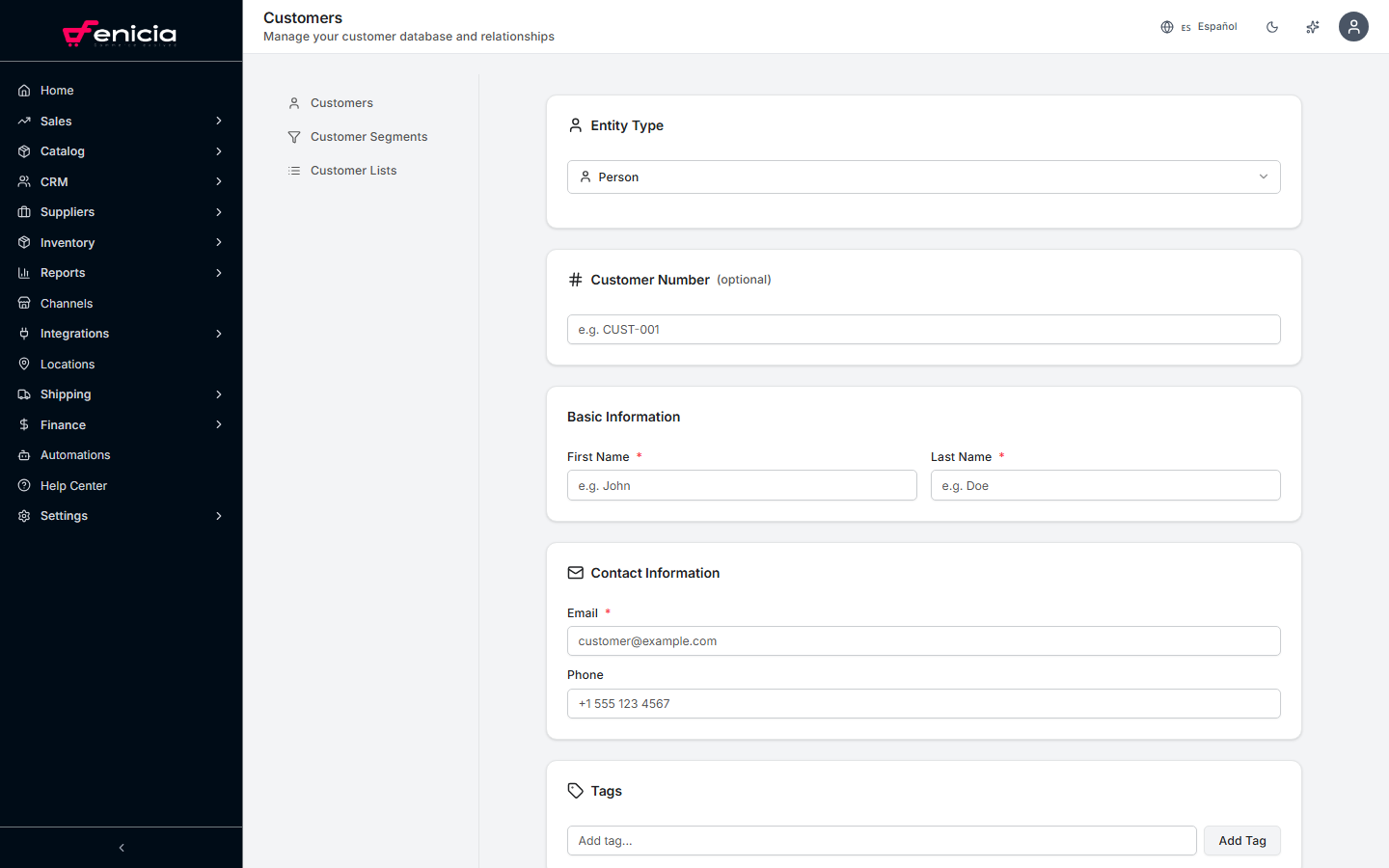 New customer form in Fenicia