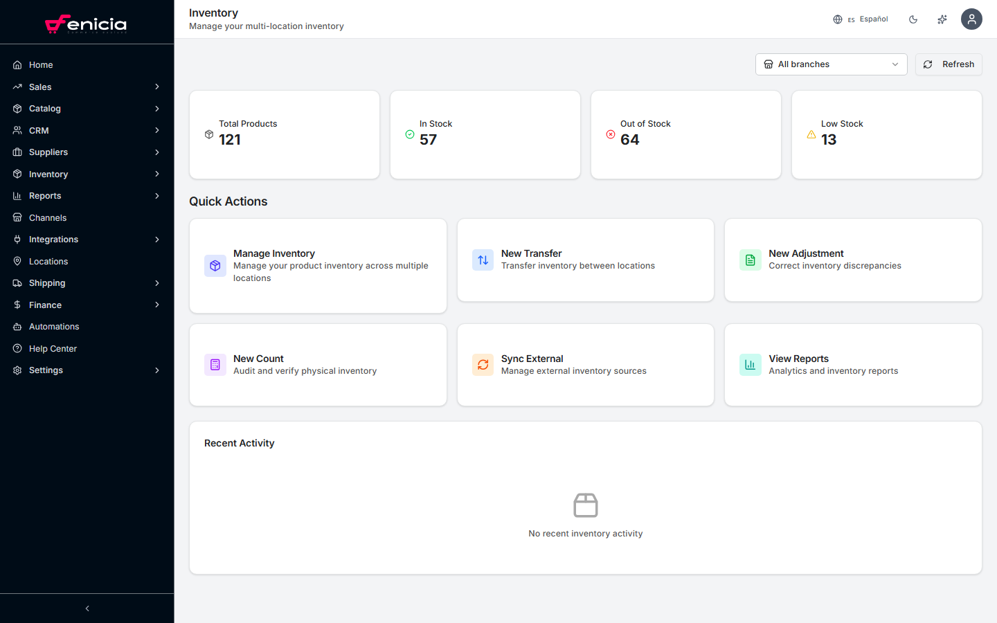 Inventory dashboard in Fenicia