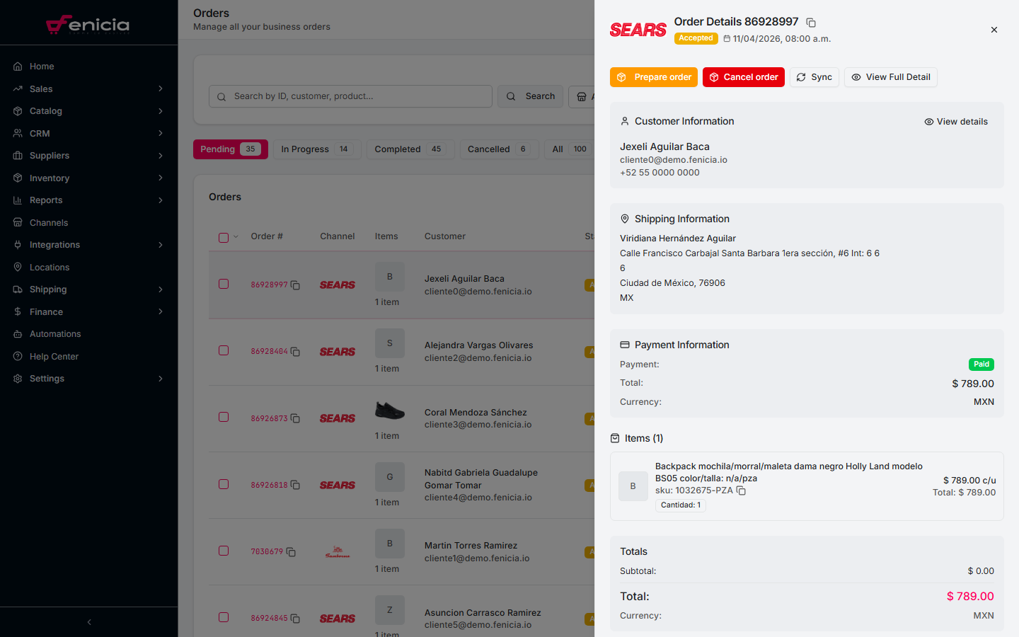 Order detail with action buttons