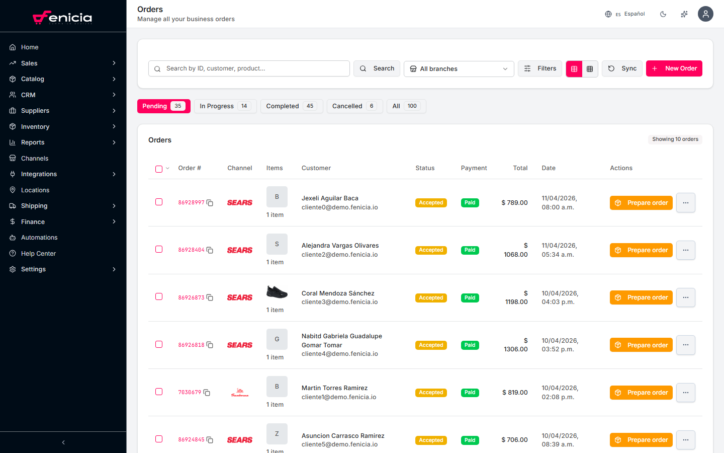 Orders list with status tabs