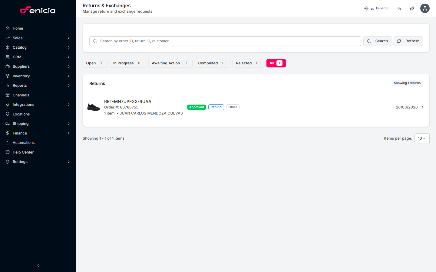 Returns page in Fenicia