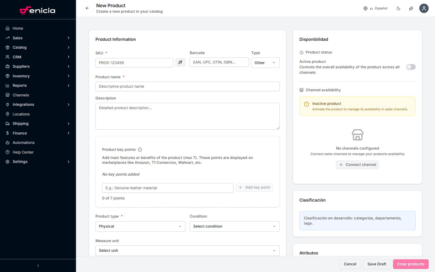 Product creation form