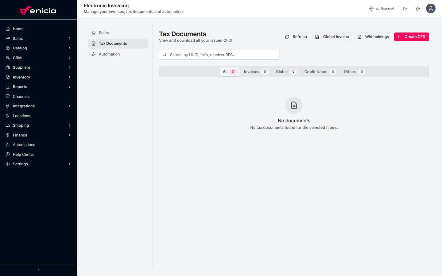 CFDI documents list in Fenicia
