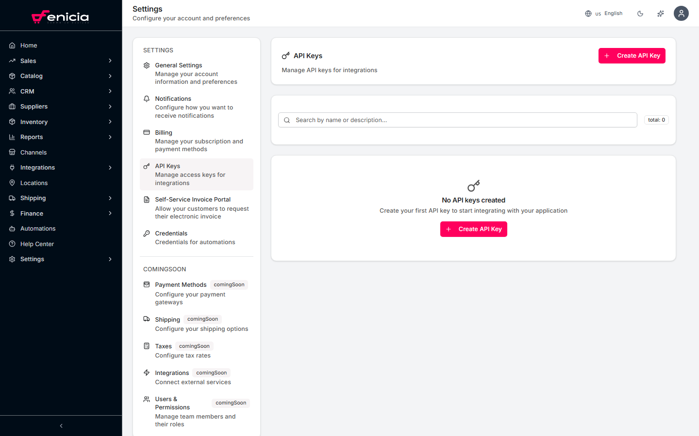 API keys management in Fenicia