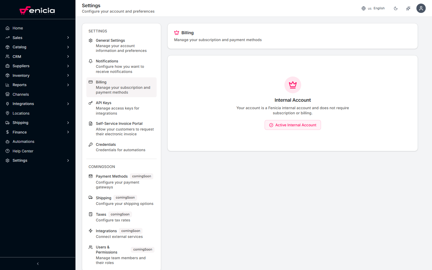 Billing section in Fenicia