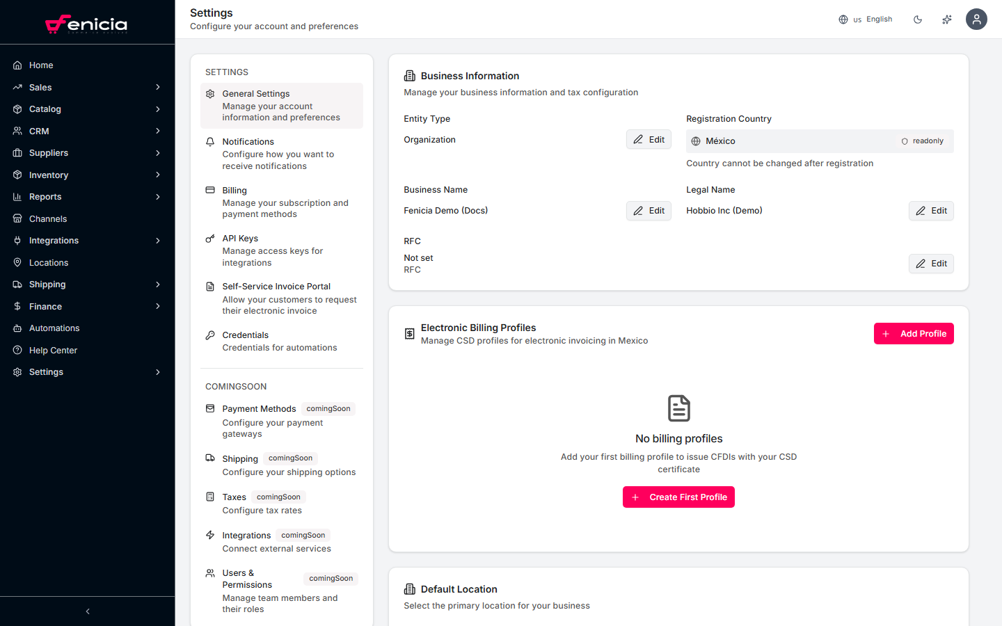 Business profile form in Fenicia