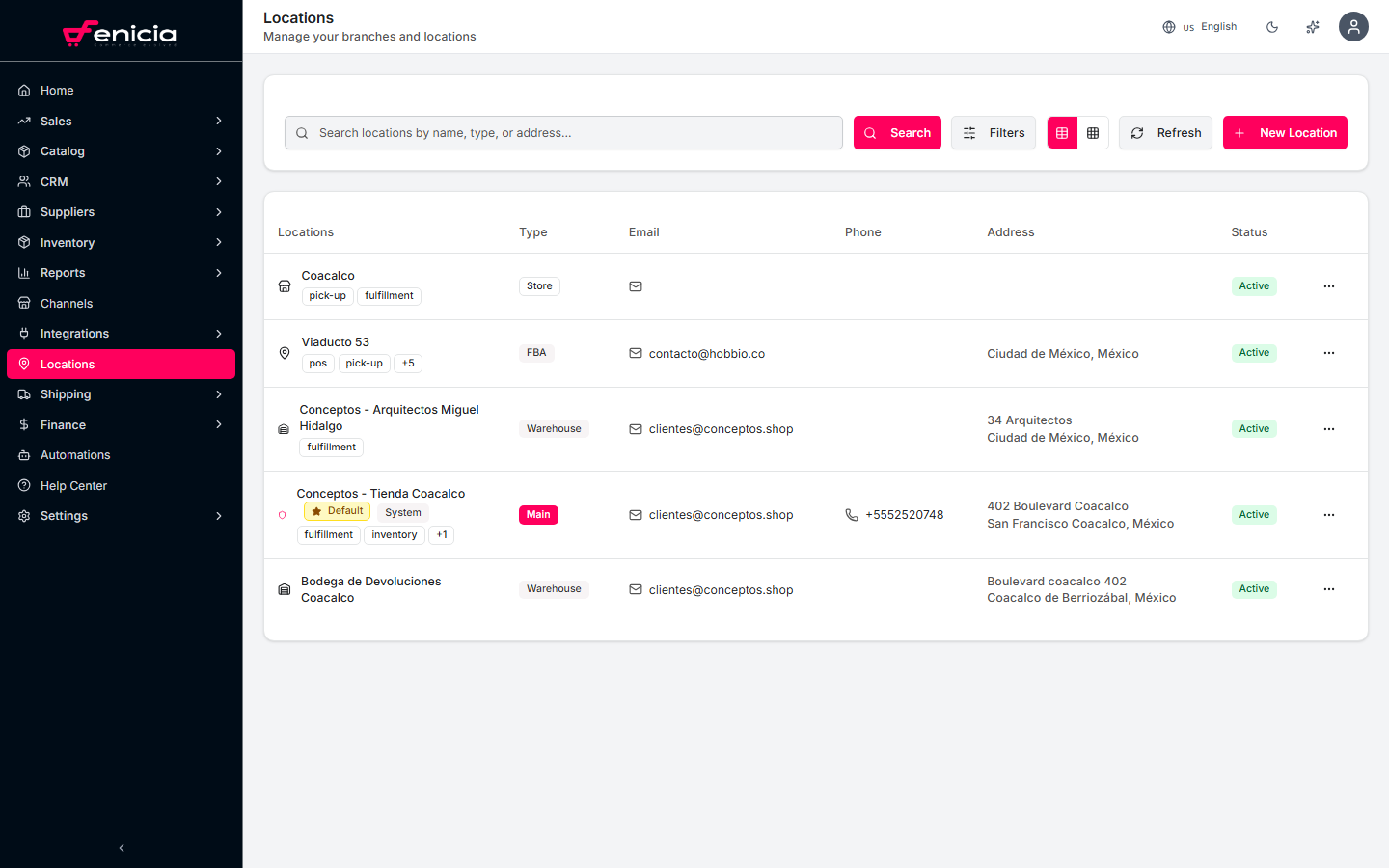 Locations list in Fenicia