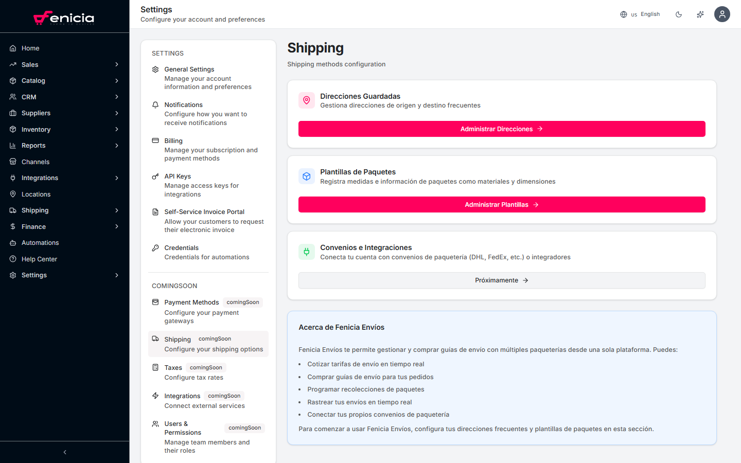 Shipping settings in Fenicia