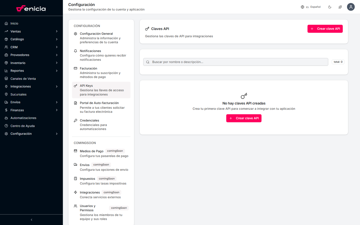 Sección de Claves API en Configuración, con el botón Crear clave API en la esquina superior derecha