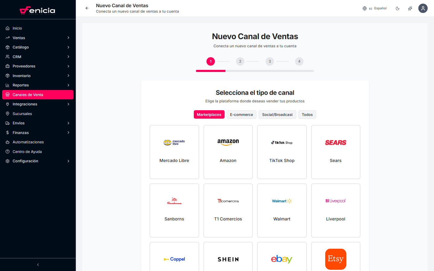 Asistente para agregar un nuevo canal