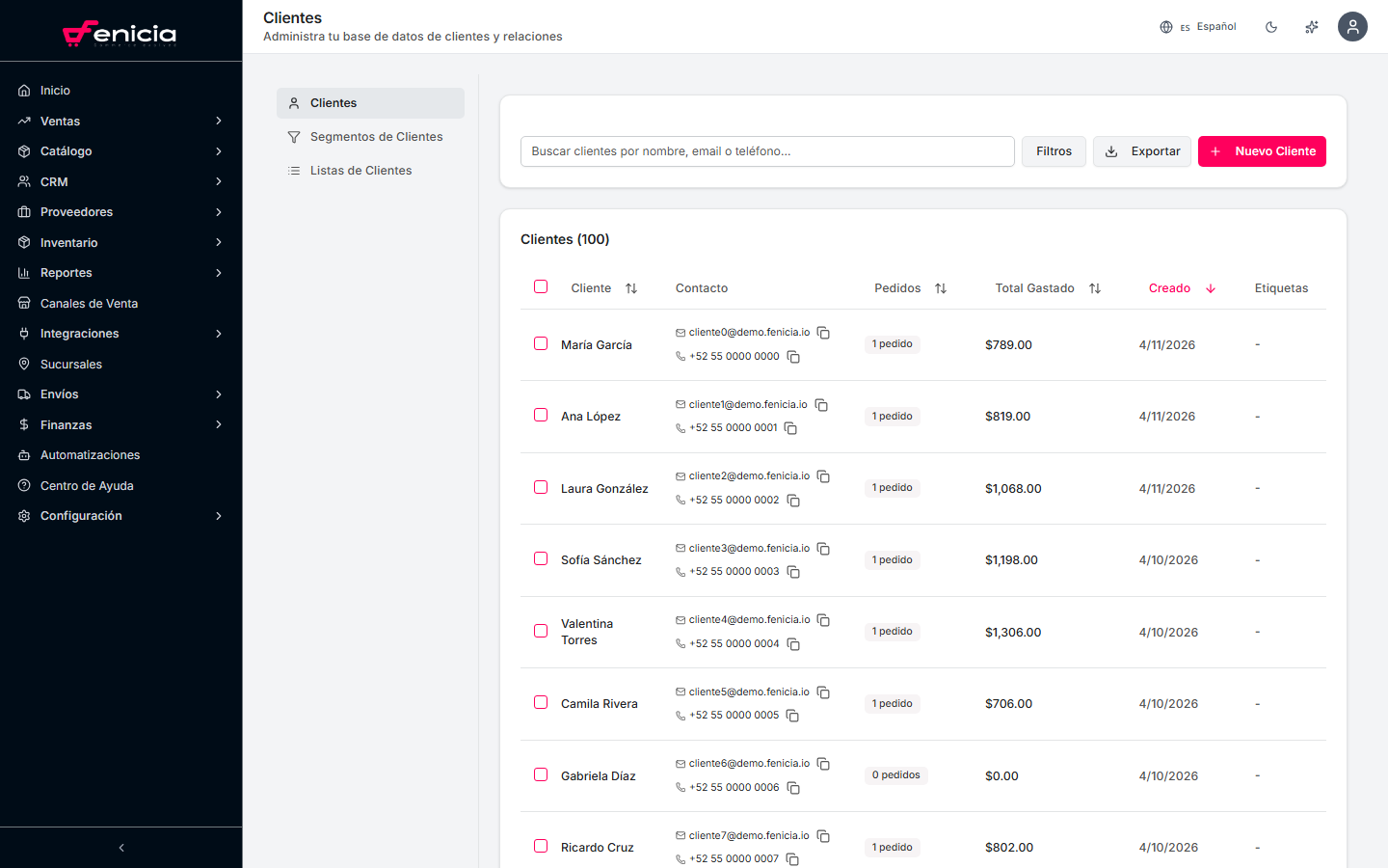Lista de clientes en Fenicia