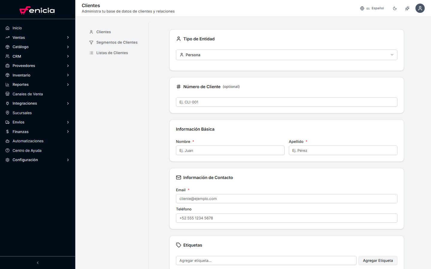 Formulario de nuevo cliente en Fenicia
