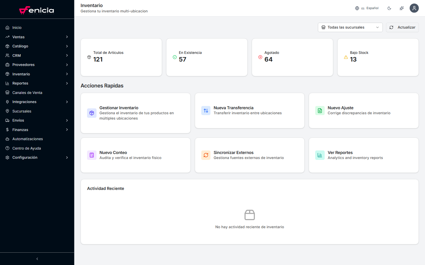 Panel de inventario en Fenicia