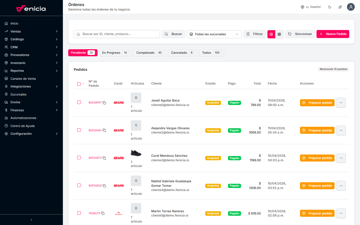 Lista de pedidos con pestañas de estado