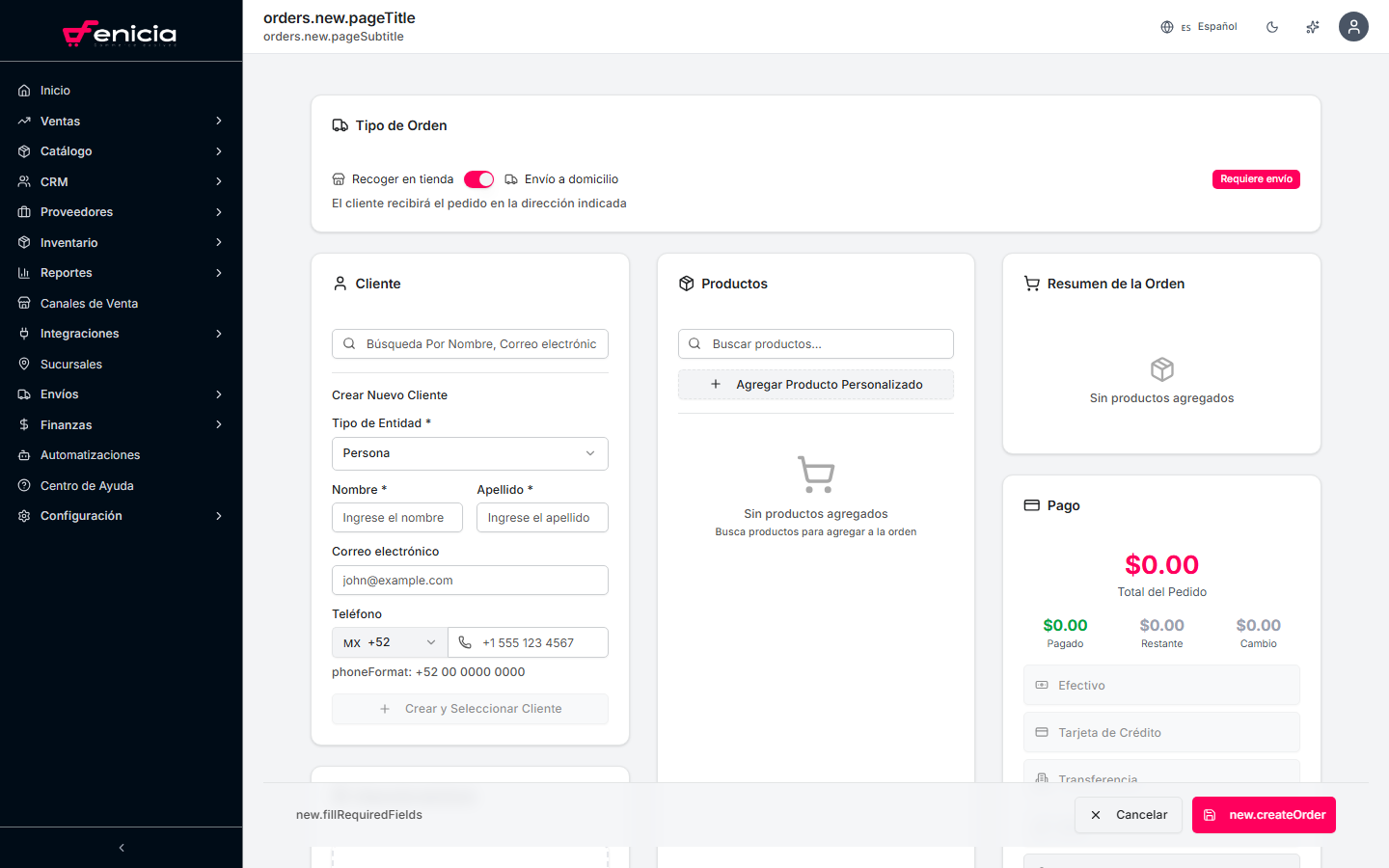 Formulario de nuevo pedido