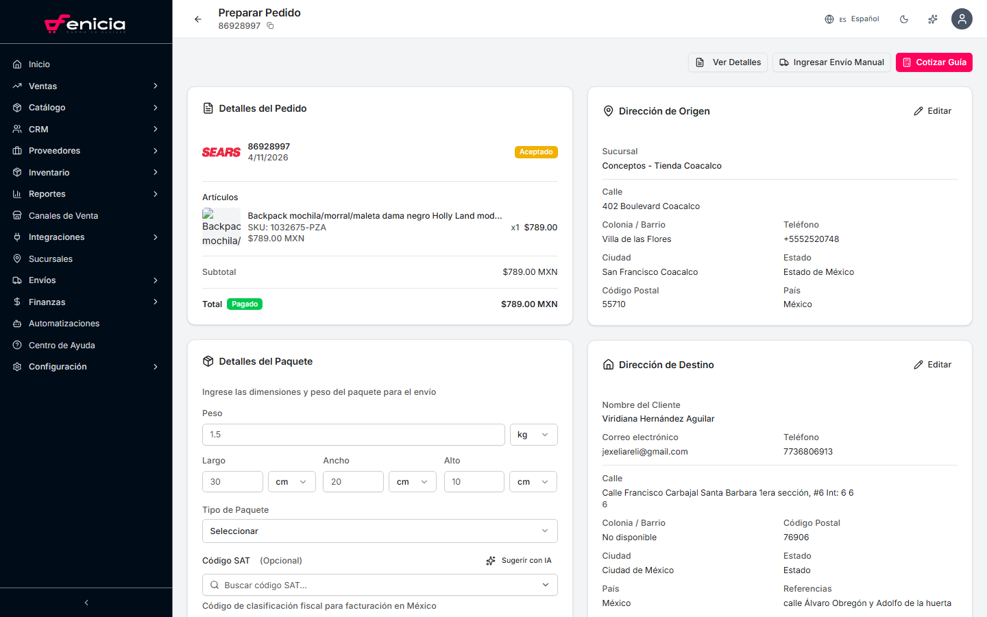 Página de preparación de envío en Fenicia