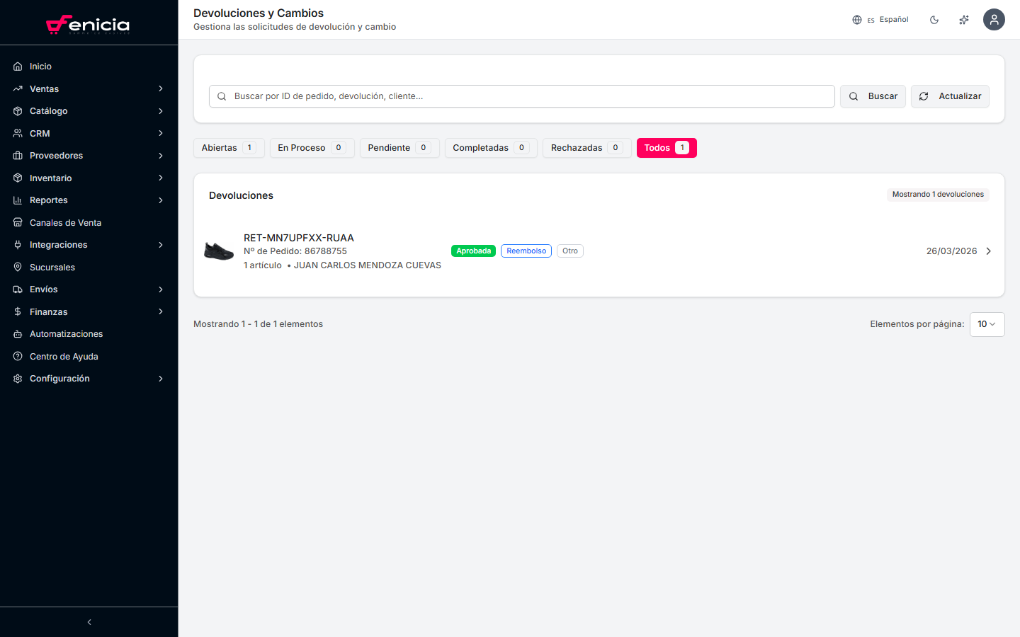 Página de devoluciones en Fenicia