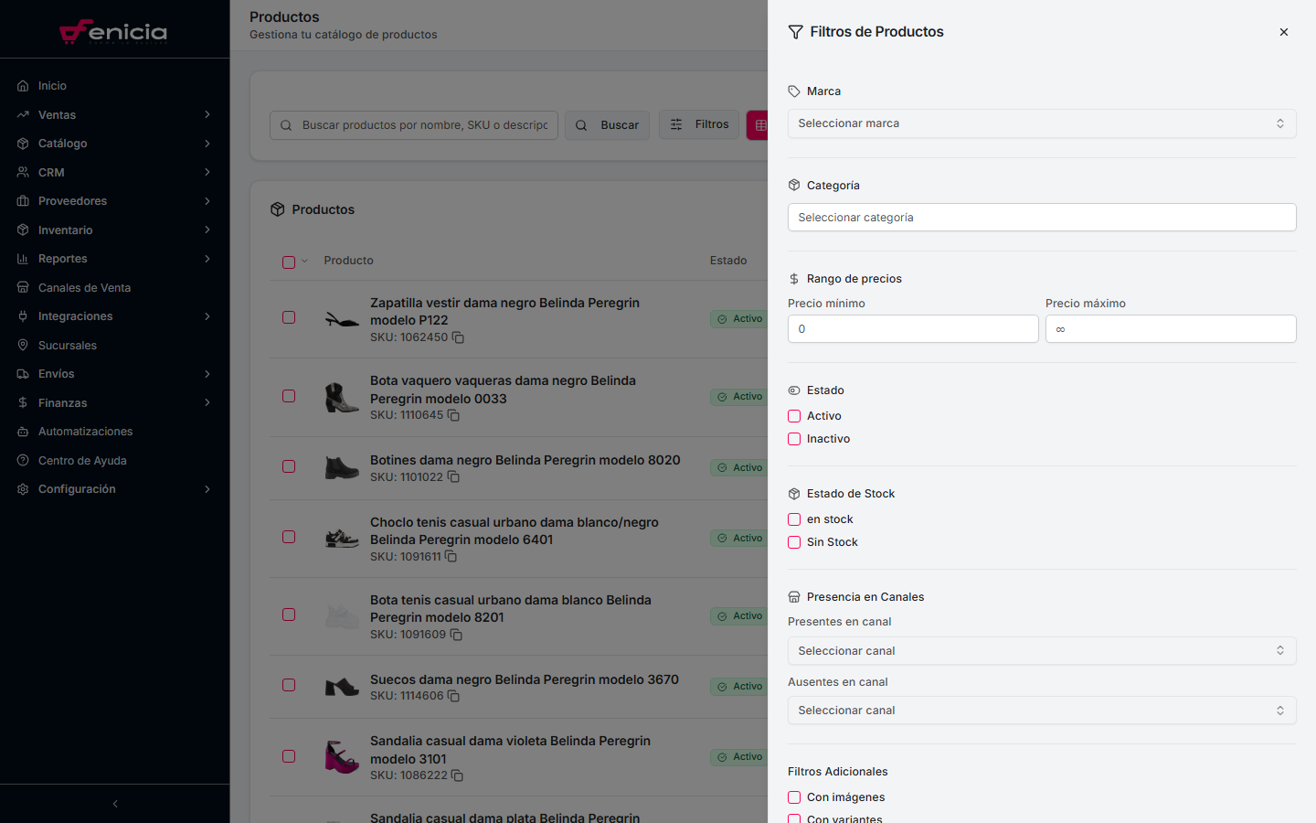 Panel de filtros del catálogo