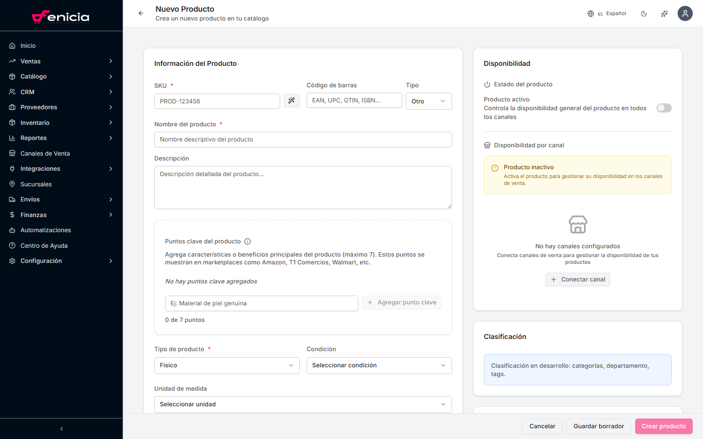 Formulario de creación de producto