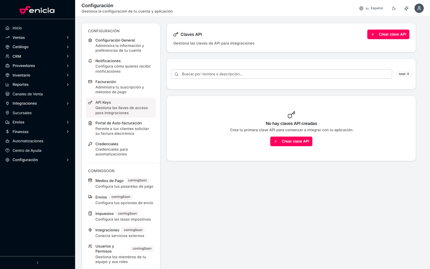 Gestión de API keys en Fenicia