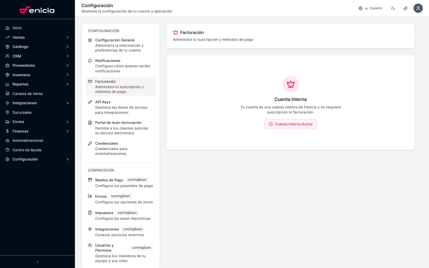 Sección de facturación en Fenicia
