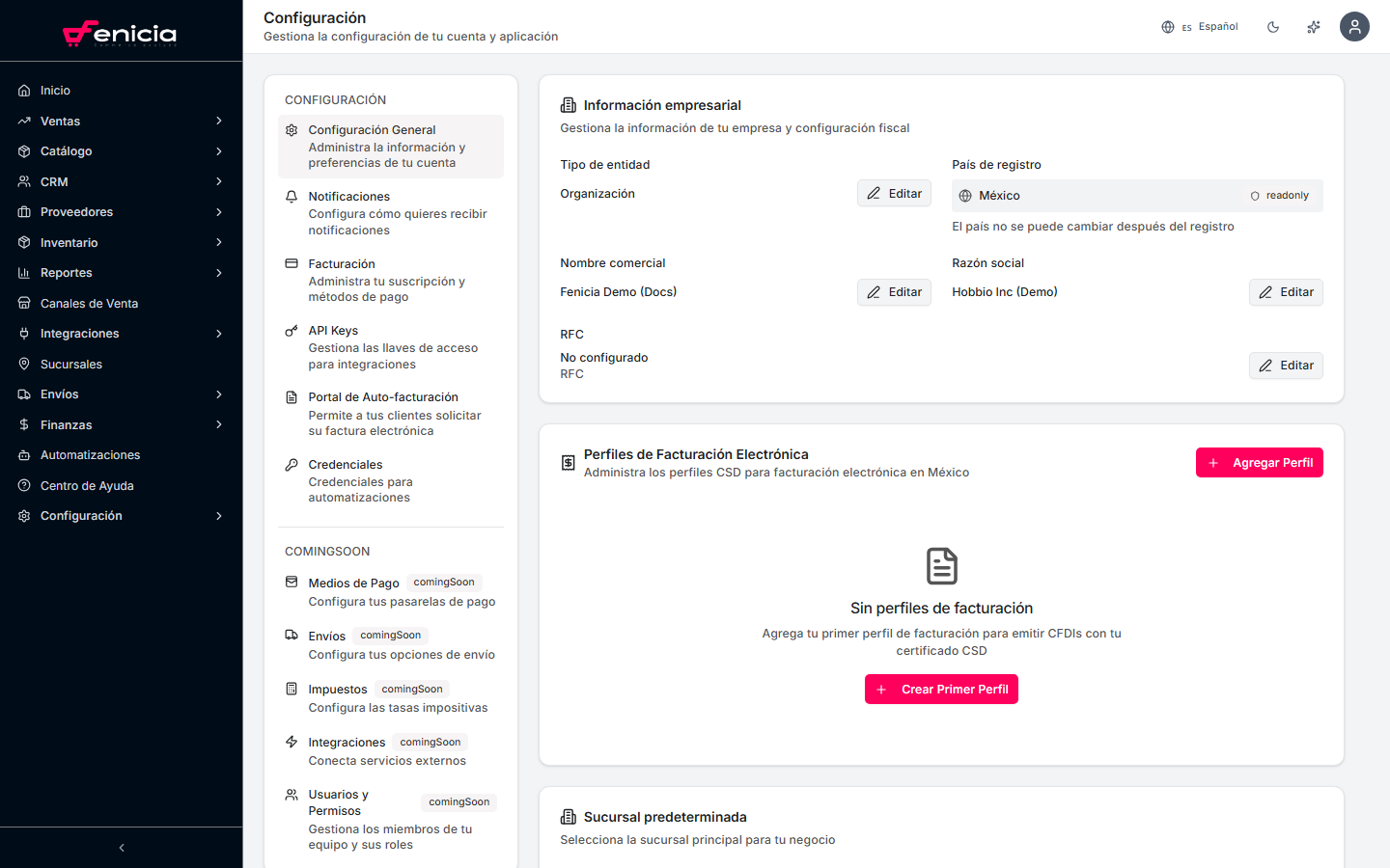 Formulario de perfil del negocio en Fenicia