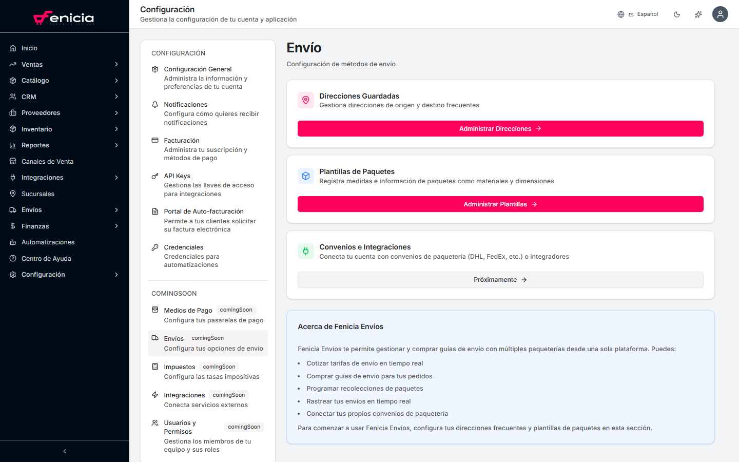 Configuración de envío en Fenicia